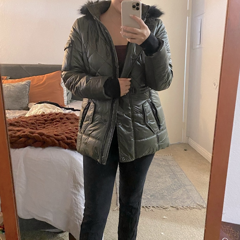 Michael Kors Olive Green with Black details and Black faux fur puffer.
